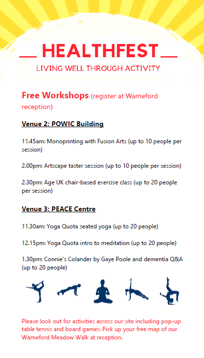 OxfordHealthNHS's tweet photo. Did you know that #HealthFest2019 will feature mini workshops that you can join for free?? Sign up on the day or register your interest now by emailing charity@oxfordhealth.nhs.uk. See the full programme of events here: https://t.co/vTpZkzccwk #OHFTgetinvolved https://t.co/lBlvQhHLgA