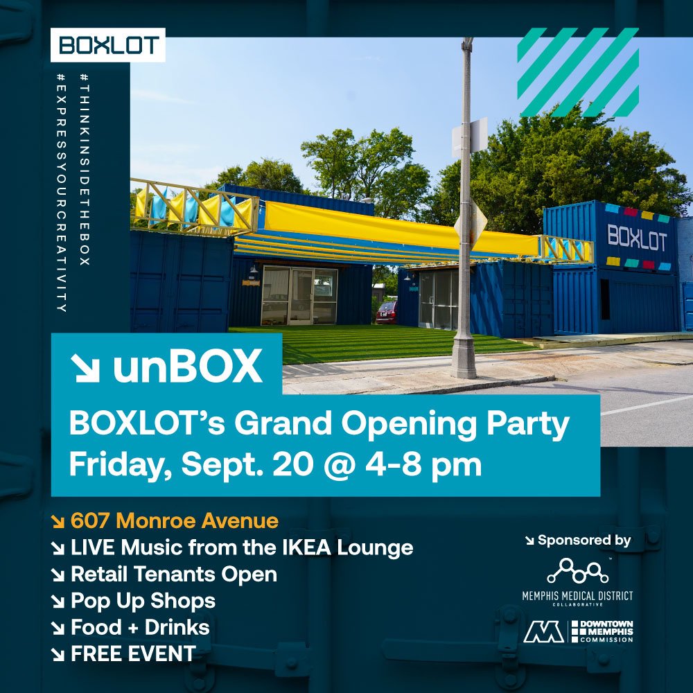 Let's do this. BOXLOT's grand opening party is set for Friday, Sept. 20 @ 4-8 pm! Shops open, live music from the IKEA Lounge Stage, Food Trucks, beer + specialty drinks, &amp; new murals. #ThinkInsideTheBox #ExpressYourCreativity #DowntownMemphis Details >> facebook.com/events/3848980…