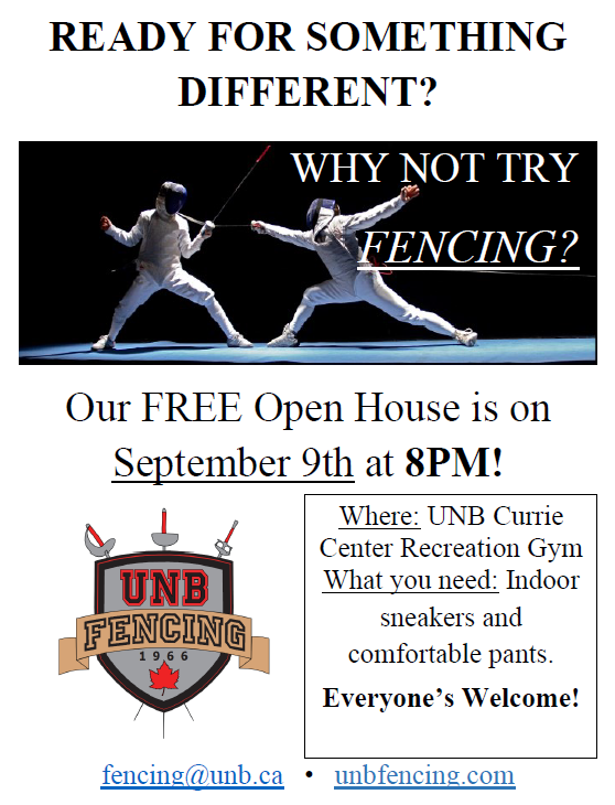 UNBFencing's tweet photo. @UNBFencing 's annual Fall Open House is tonight. No experience or equipment required. Just bring yourself and something comfortable to wear to take a stab at our coaches. @UNBSportsClubs @UNBFredericton @ActiveFred @CHSR979 @UNBSU https://t.co/tLZxgAFAEr