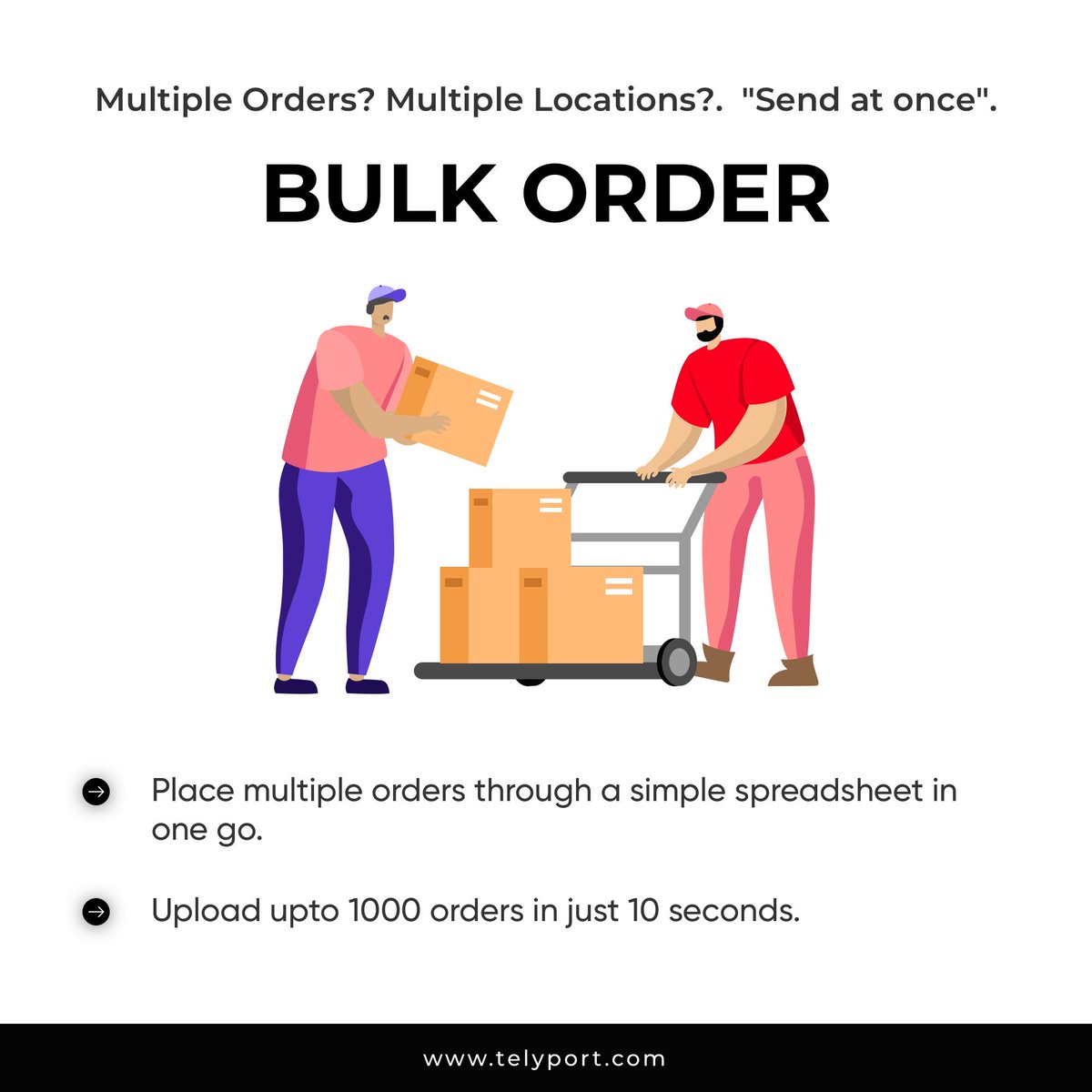telyportinc's tweet image. Bulk Order - A hassle free multiple delivery solution at just a click.

#bulkorder #multipleorders #multiplelocation #intracitydeivery #hyperlocaldelivery #assignorder #businessdelivery #bulkdelivery #businessenabler #packagedelivery #parceldelivery #telyport #smartdelivery