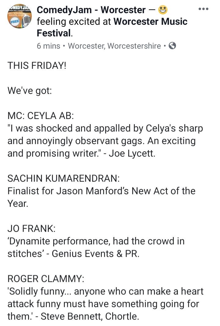comedyjamuk's tweet photo. FREE COMEDY at the 2019 @WorcsMusicFest #worcestershire #Worcester #wmf #free #whatson #comedy @TheRealSamSouth @dannyclives @abcelya https://t.co/9xH8Wbn2z2