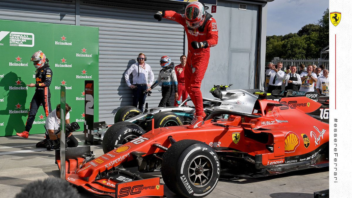 ScuderiaFerrari's tweet photo. *Race Win*

CTRL + C
CTRL + V

Two top step finishes in one week for @Charles_Leclerc  😝 🏆 🏆

#essereFerrari 🔴 #ItalianGP #Charles16 https://t.co/TizgfaEIwY