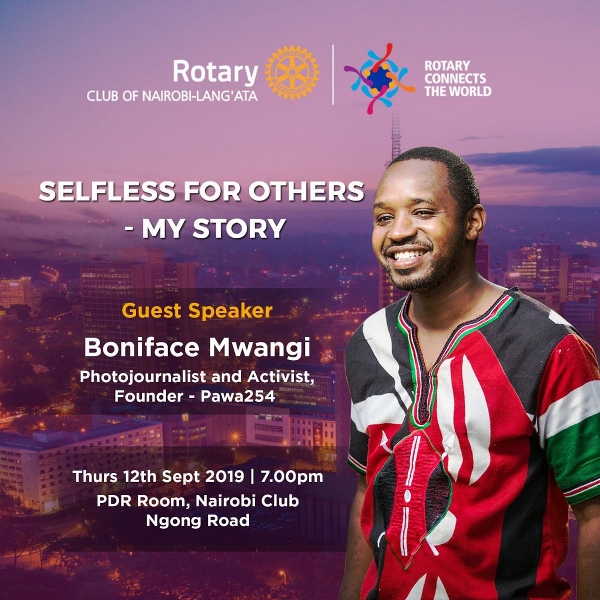 RCLangata's tweet image. This week our speaker is Boniface Mwangi. The main subject around his conversation will be on selfless service which has been quite evident in the way he carries himself and being a voice for the voiceless. Join us this Thursday for a very inspiring talk! #BonifaceMwangi #pawa254