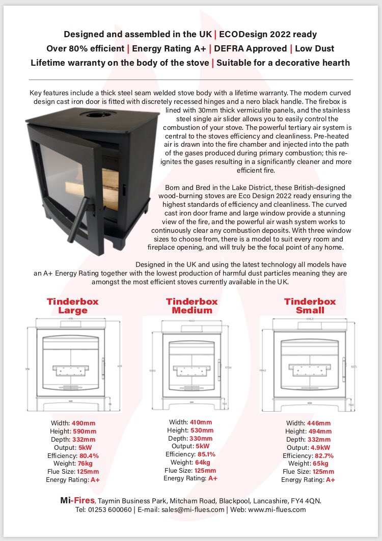 MIFlues_Jason's tweet image. Our new Tinderbox range of Ecodesign ready stoves are now in stock!  Available as a retailer ONLY dealership option.  With the winter fast approaching, get in touch if you fancy getting them on display in your shop! 🔥🔥 @MIFlues_Liners #tinderbox #mifire #ecodesign #miflues
