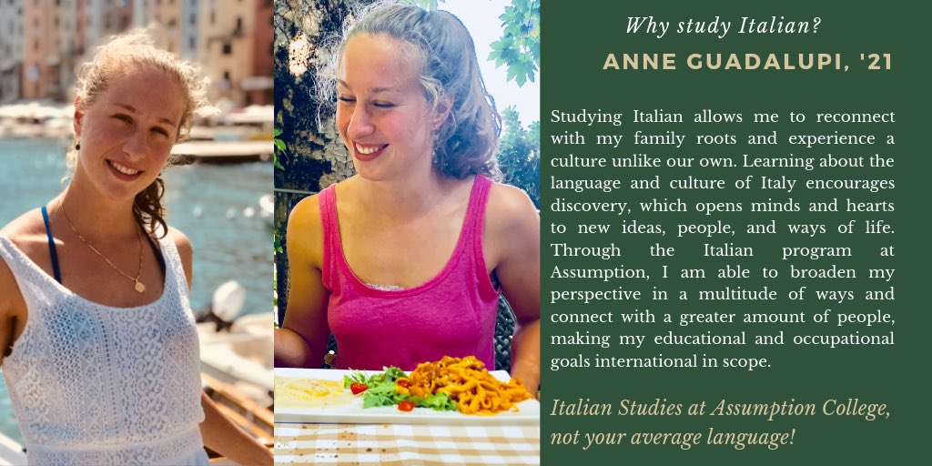 AssumptionITA's tweet photo. #WhystudyItalian? @AssumptionNews’s Anne Guadalupi knows. With a major in @AC_Science and a minor in #ItalianStudies, Anne is peer tutor in the Academic Support Center and also a member of @ACGreyhoundsSD.  Una studentessa davvero speciale! https://t.co/wijeNFjg3m