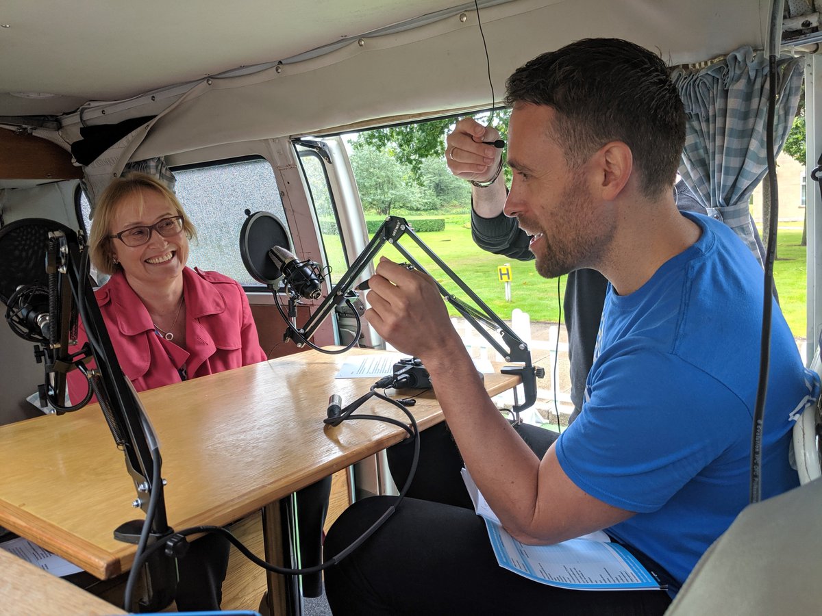 AegonUK's tweet photo. First up in the #PensionGeeks campervan is @katefstar , discussing the Gender Pension Gap with @JonnyBland84 @PensionGeeks #PAD19 https://t.co/QRRWmGNcxy