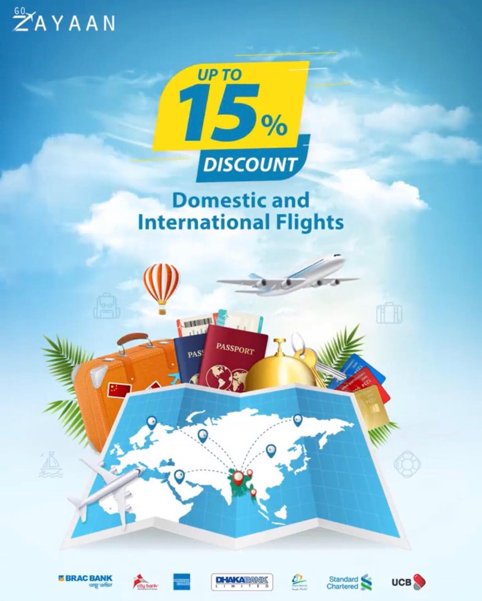 Book a #domestic or #international #flight to avail up to 15% discount on base fare with #BRAC, #CITYAMEX, #DhakaBank, #EBL, #StandardChartered &amp; #UCBL cards.

Applicable for one way/round flights originating from #Bangladesh 

Valid till 30 September '19

#GoFlexible #GoZayaan