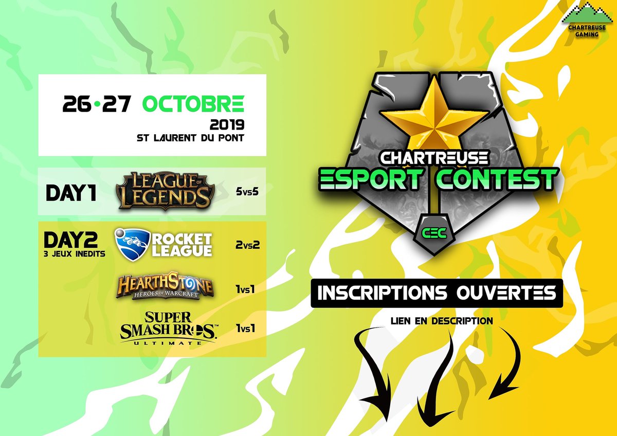 AlpesEsport's tweet photo. ⚠️ INSCRIPTIONS OUVERTES ⚠️
⬇️ · ⬇️ · ⬇️ · ⬇️ · ⬇️ · ⬇️ · ⬇️ · ⬇️
https://t.co/gyVcXJMSPC
Réagissez avec le #cec3 !
→#leagueoflegends #hearthstone #rocketleague #supersmashbrosultimate #lan #esport #esports #game #gamer #videogame #gaming #esportsteam #tournament https://t.co/xEyAWkUQ5z