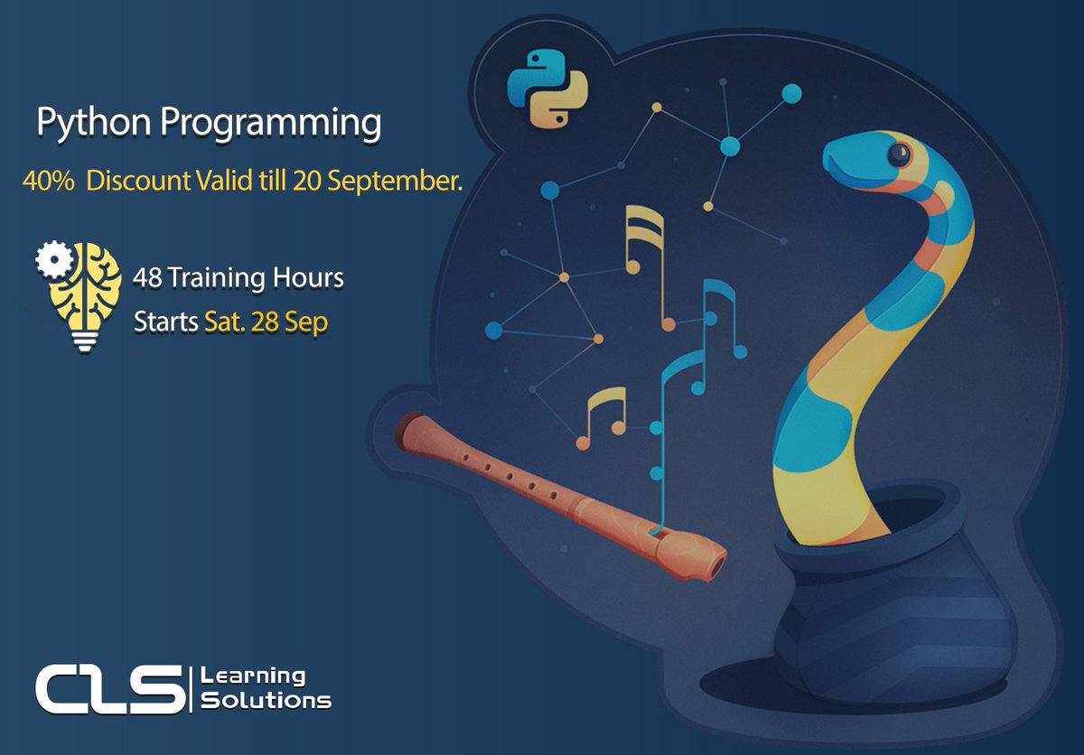 CLSLearn's tweet image. Book Now with 40% #Discount Valid till 20 September.
#Python_Programming Course
Starts : Saturday 28 Sep, at Dokki Branch
Schedule : Fri & Sat, 6:10 PM
Seats available : 3
⏰Duration: 48 Hours
#CLS_Learning_Solutions
Apply via our website 👇