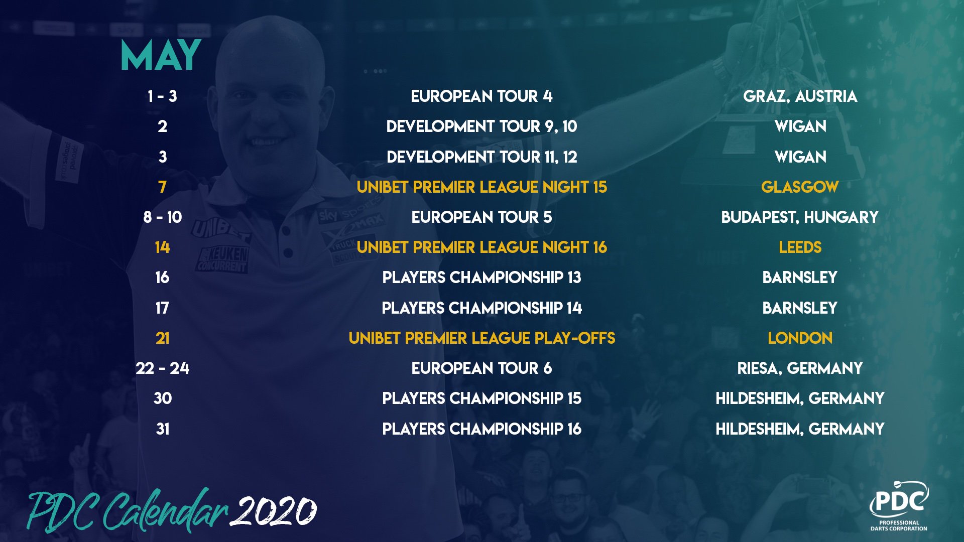 PDC Darts on Twitter: "MAY Premier League Play-offs, and a first European Tour Budapest, Hungary ➡️ https://t.co/Bl9QXPmAmk https://t.co/4ATIlVvdqQ" / Twitter