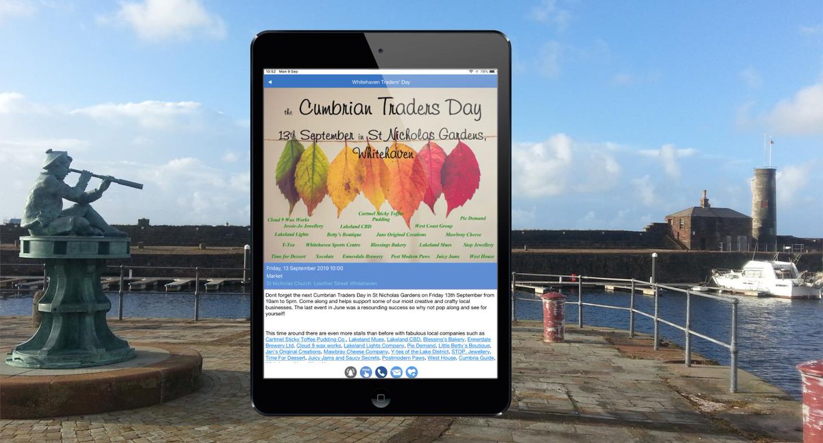 Don't forget the Cumbrian Traders Day is on this Friday 13th Sept at St Nicholas Gardens in #Whitehaven 10am-5pm Come along &amp; support some of our most creative &amp; crafty local businesses. More details at is.gd/eES2Qs or on the App #localbusiness #supportlocal #Cumbria