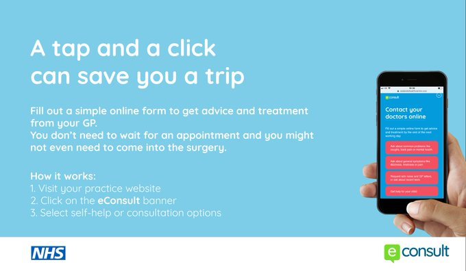 We are launching #onlineconsultations using #econsult this week to help you get health advice online. You can self-check your symptoms, get administrative help (e.g. a medical certificate) and seek medical advice from your doctors! #onlinegp #DigitalHealth #NHS