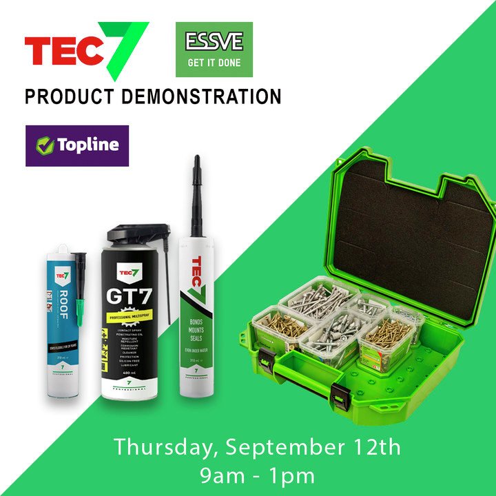Tec7Sealant's tweet photo. Why not drop in to see Gary & Greg in Cleary’s Topline, Carrick-On-Suir this Thursday, September 12th from 9am-1pm to see our full range of #Tec7 & #Essve products. https://t.co/hYK6n3jlXD