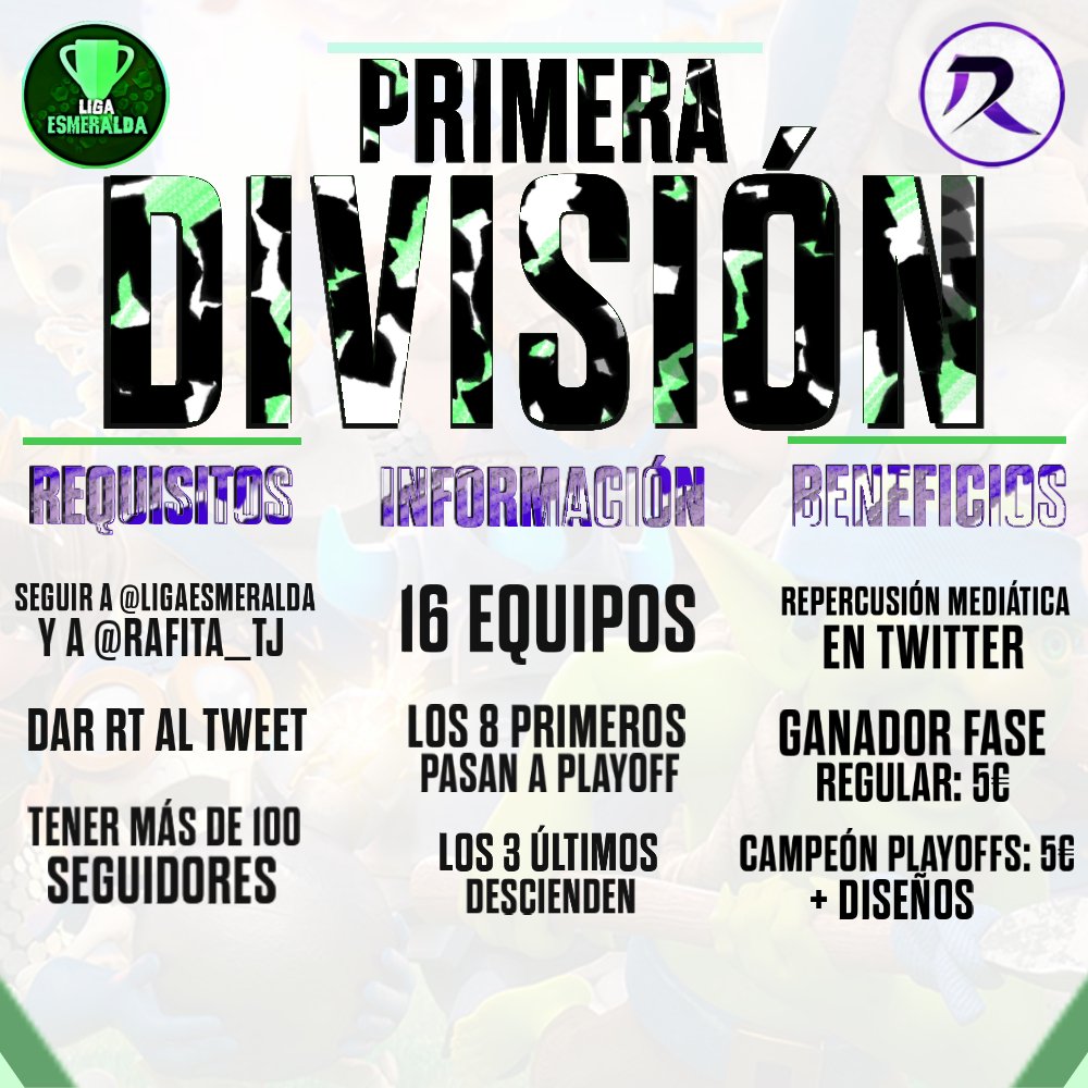 LigaEsmeraldaES's tweet photo. //COMUNICADO OFICIAL//

Presentamos con mucha alegría e ilusión, de nuevo, la Liga Esmeralda.

Esta competición vuelve a abrir sus inscripciones en 2 divisiones de Clash Royale

Adjuntamos un par de diseños con los requisitos para entrar en cualquiera de las 2 divisiones https://t.co/7dzNLsfw1J