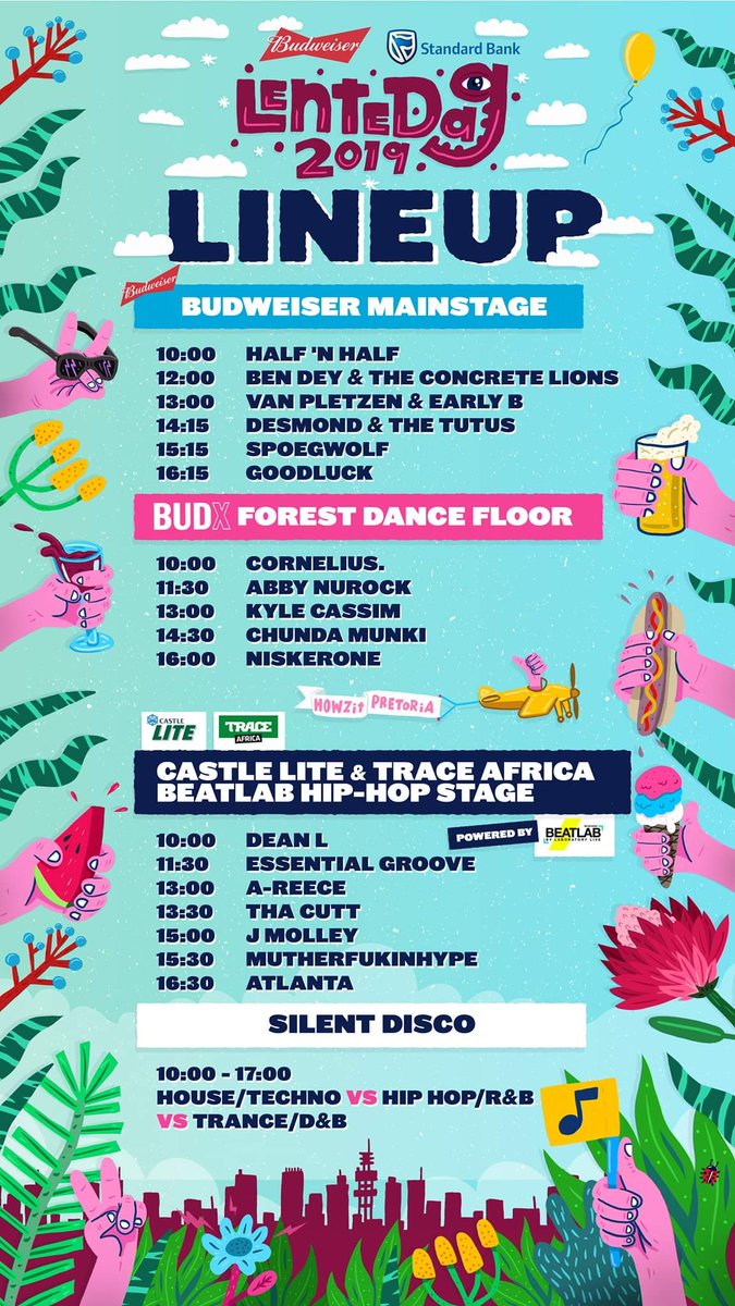 Line up times for #Lentedag2019!! We're on campus today selling the last physical tickets, there after you need to buy online or at the gate! Remember that Lentedag is going cashless with Howler, feel free to top up online to avoid queues! 

Ticket link: bit.ly/2Y3ii9L