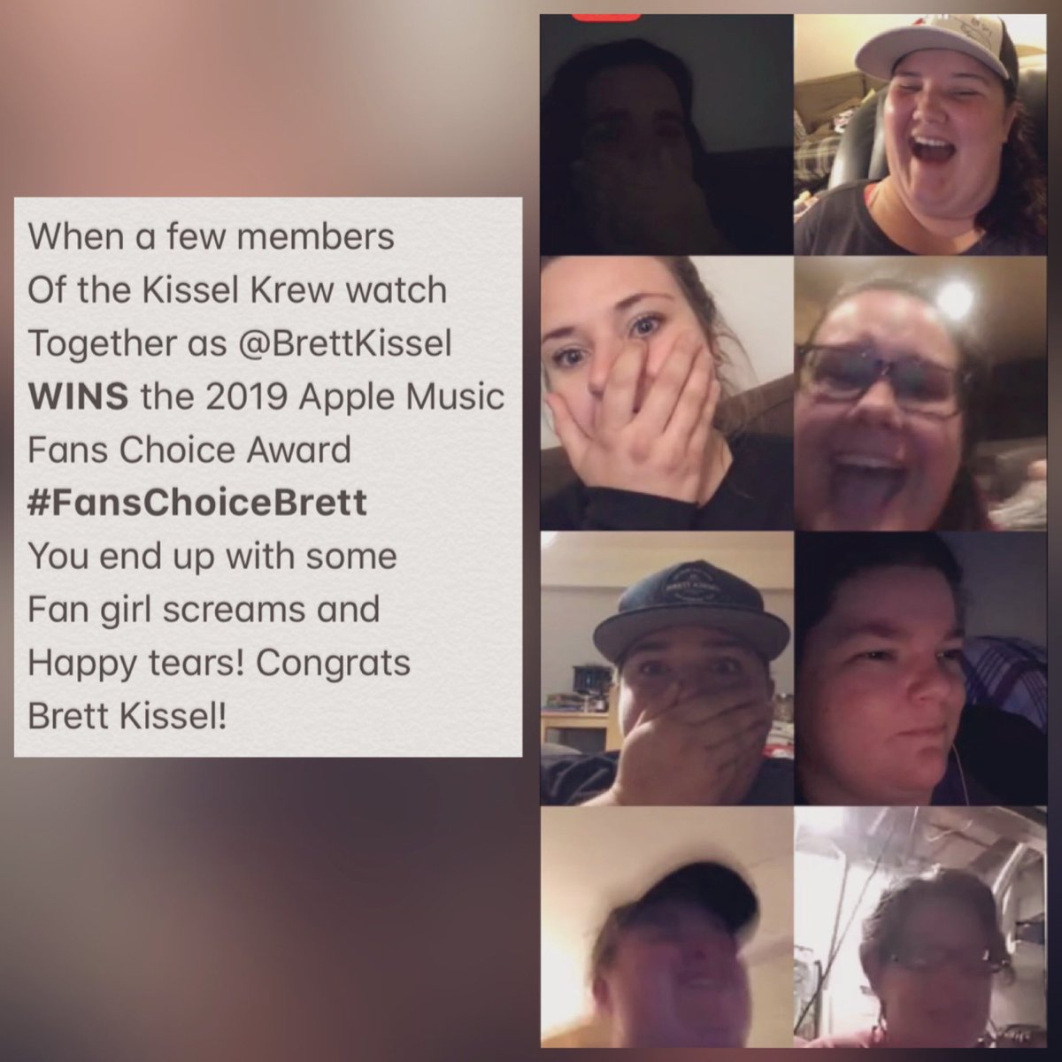DaniiPaul03's tweet photo. Huge congrats to @BrettKissel! No one deserves #FansChoiceAward more than you!!! So glad some of us @KrewKissel girls got to video chat and watch it together! π you ladies! #BKFans WE DID IT!!!
**Missing in Tag @kissez4vr** https://t.co/zYLHZT3M5V