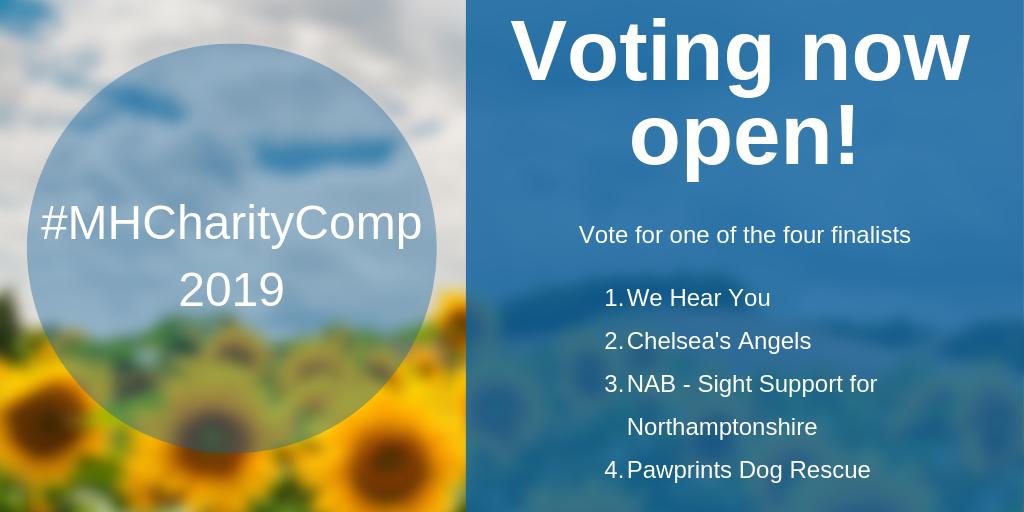 MarlerHaley's tweet photo. Congratulations to our 4 finalists in this years #MHCharityComp

1. @WHYwehearyou
2. @Chelseas_Angels
3. @nab_northants
4. @PDRescue

Voting is now open! Cast your votes here 👇

https://t.co/UKaHOXX7M8 https://t.co/KfYYGb8HDC