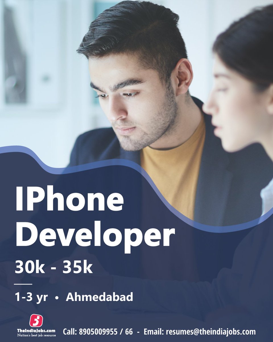 TheIndiaJobs's tweet image. Opening for IPhone Developer at Ahmedabad, Gujarat.
Applicants can apply on: resumes@theindiajobs.com Thanks #iphonedeveloper #Ahmedabadjobs #AhmedabadITjob #iphonedevelopers