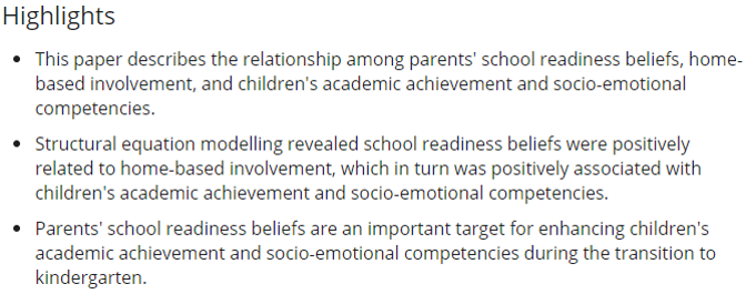 Academic socialization and the transition to kindergarten: Parental beliefs about school readiness and involvement doi.org/10.1002/icd.21… authors :<a href="/ualbany/">University at Albany</a> <a href="/LifeAtPurdue/">Purdue University</a>