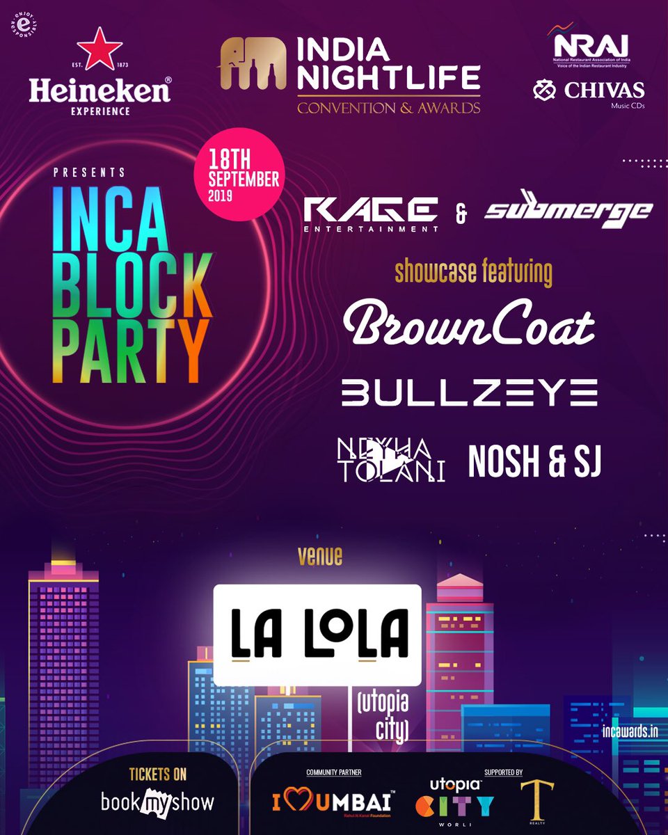 INCAwardsdotin's tweet photo. Have you seen the line up by Rage Entertainment &amp; @Submergemusic yet? Showcasing @NeyhaTolani , @noshnsj ,@NawedKhan_ &amp; Bullzeye. La Lola is all set to groove to some of the finest underground tunes by this amazing line up. Link in bio.
#INCABlockParty #INCA2019 #indiannightlife https://t.co/21rzBiryKh