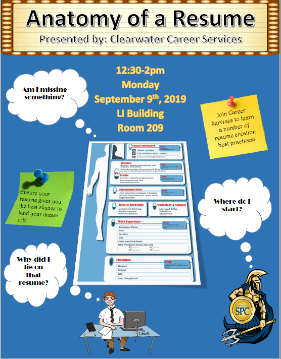 spcnews's tweet photo. Need help with your resume, or not sure how to begin writing one? #SPCClearwater Career Services is hosting an 'Anatomy of a Resume' Workshop on Monday, September 9 at 12:30p m in LI 209. Stop by and learn some best practices in how to create a resume! #CareerSPC #SPCIntern https://t.co/D4jOO4cOHl