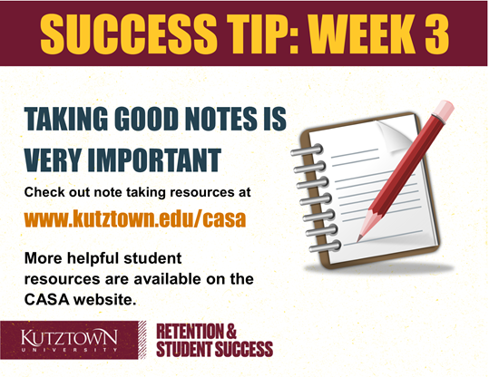 KUDeanStudents's tweet image. 📝Taking good notes is very important! Check out note taking resources at kutztown.edu/casa. ✅More helpful student resources are available on the CASA website.
#SuccessTip3 #TakeGoodNotes #CASA