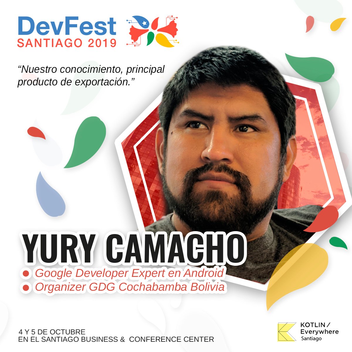Nuestro gran amigo <a href="/camachoyury/">Yury Camacho</a>  se une como speaker al DevFest Santiago 2019! Google Developer Expert y Organizar GDG Cochabamba Bolivia. Sin un duda una gran oportunidad de tenerlo junto a nosotros! No se lo pierdan! devfest.cl
#gdg #gde #devfest19 #devfestsantiago
