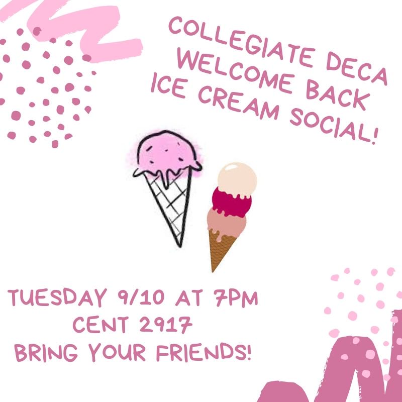 UWEC_DECA's tweet photo. Welcome back DECA members! Join us for an ice cream social on Tuesday and don’t forget to bring your friends!🍦 https://t.co/Qcdq396SJO