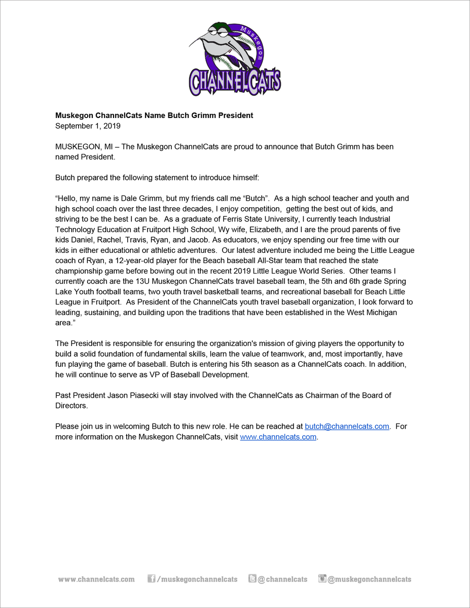 channelcats's tweet photo. The Muskegon ChannelCats are proud to announce that Butch Grimm has been named President. Please join us in welcoming Butch to this new role. https://t.co/LG6G3j8ETj