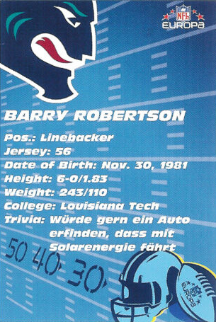 NFLECards's tweet image. According to the trivia on this card, Barry wanted to invent a solar-powered car. Allocated by the #NewYorkGiants, he played in the final year of the #NFL’s European experiment, then named #NFLEuropa.

Barry Robertson #HamburgSeaDevils - 2007 Team-Issued

#NFLECards #NFLEurope