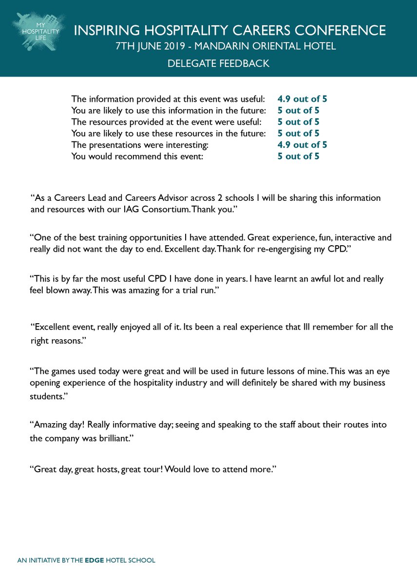 Check out the feedback career leaders gave us from our summer CPD Conference' w/ the inspirational <a href="/MO_LONDON/">Mandarin Oriental Hyde Park, London</a>.

Our CPD conferences are perfect for anyone in #CEIAG roles, offering insights into the many careers available within #hospitality. 

Get in touch for more info!