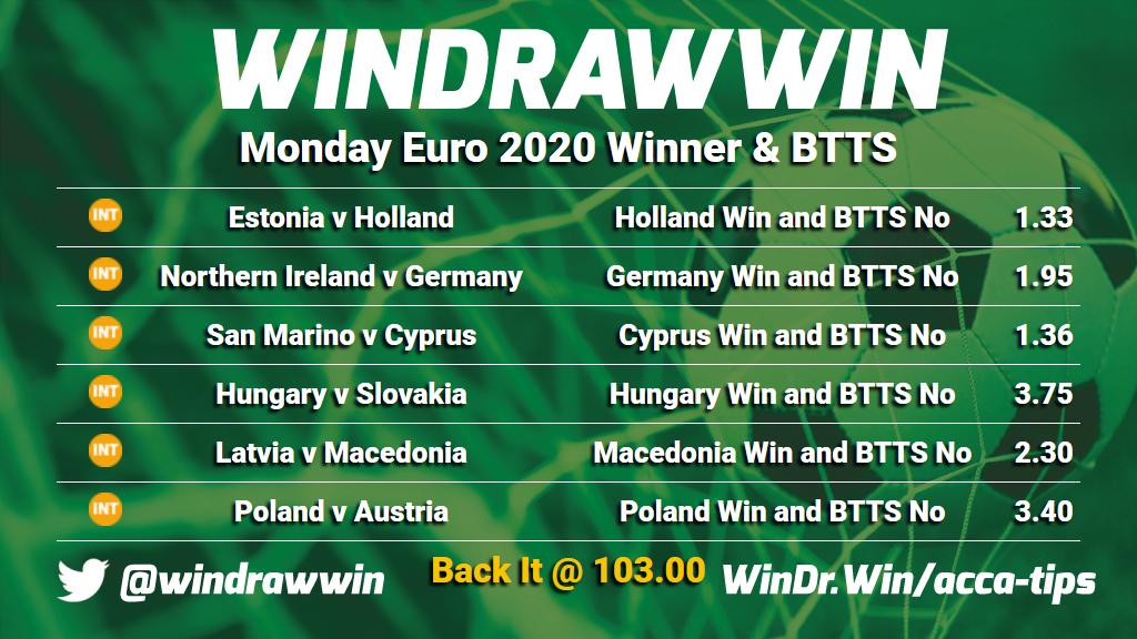 WinDrawWin on X: We're going for a big Euro 2020 acca today. This acca  includes the favourites to win and BTTS prediction. You can back it @  103.00 😜 Back this treble