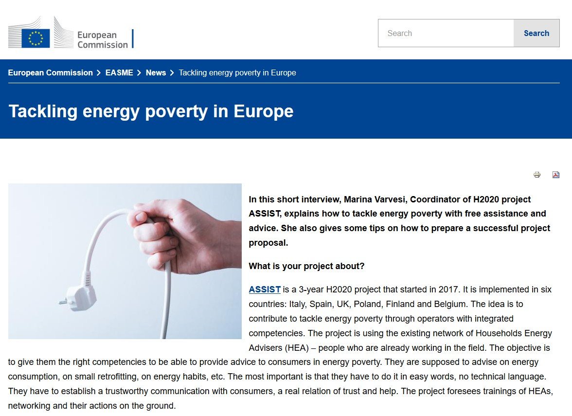 Last issue of the @H2020EE newsletter recovers the interview with our project coordinator @marinavarvesi  during @eusew 
keep track on ec.europa.eu/newsroom/easme… #energypoverty #assist2gether