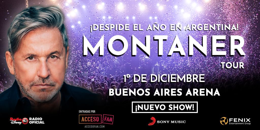 ¡Ya podés sacar tus entradas para ver a <a href="/montanertwiter/">Ricardo Montaner</a> cerrar el año en Buenos Aires!
📅 1 de Diciembre
📍 @BAiresArena 
 🎫 accesofan.com y puntos de venta