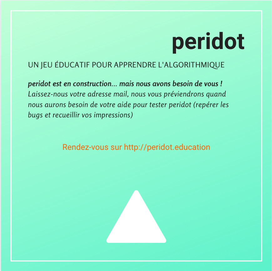 peridot_edu's tweet photo. Laissez votre mail pour être prévenu de la sortie de la version alpha ! https://t.co/UlmkfhvAKU
#seriousgame #algorithmique #algorithmes #jeu #jeuvideo #jeuéducatif #peridot #versionalpha #test #education #computerscience #informatique #programmation #code https://t.co/BcWpLxTj5n