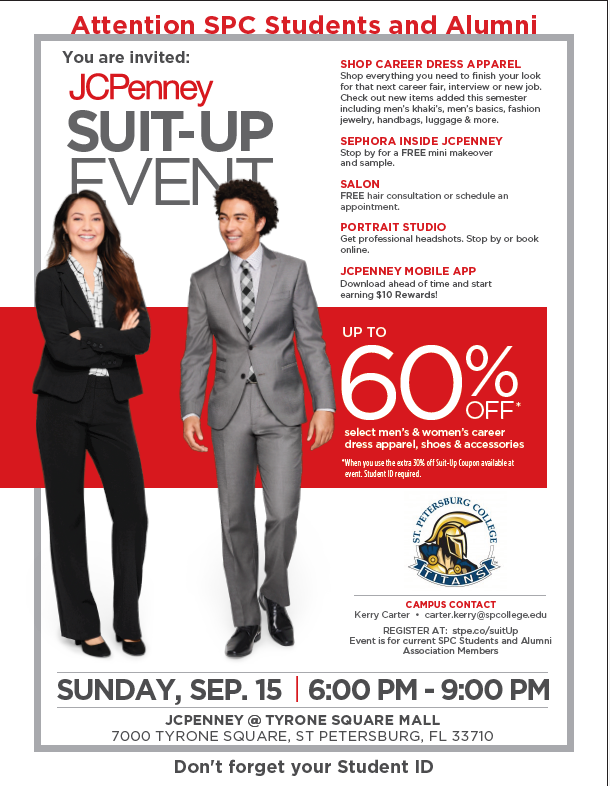 spcnews's tweet photo. Want to make a great first impression… wear a SUIT! Get yours at the @jcpenney #JCPSuitUp event. Read more at https://t.co/iw6U8gEEwF. #CareerSPC #SPCIntern https://t.co/IJvDzSh7zV