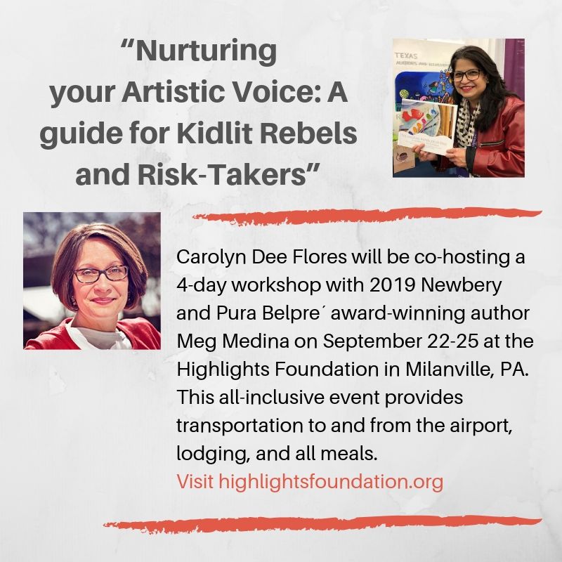 “Nurturing Your Artistic Voice; A guide for Kidlit Rebels and Risk-Rakers”
Milanville, PA. with Carolyn Dee Flores & Meg Medina.

#swtxscbwi #scbwi #authors #illustrators #picturebooks #carolyndeeflores1 #megmedina #highlightsfound