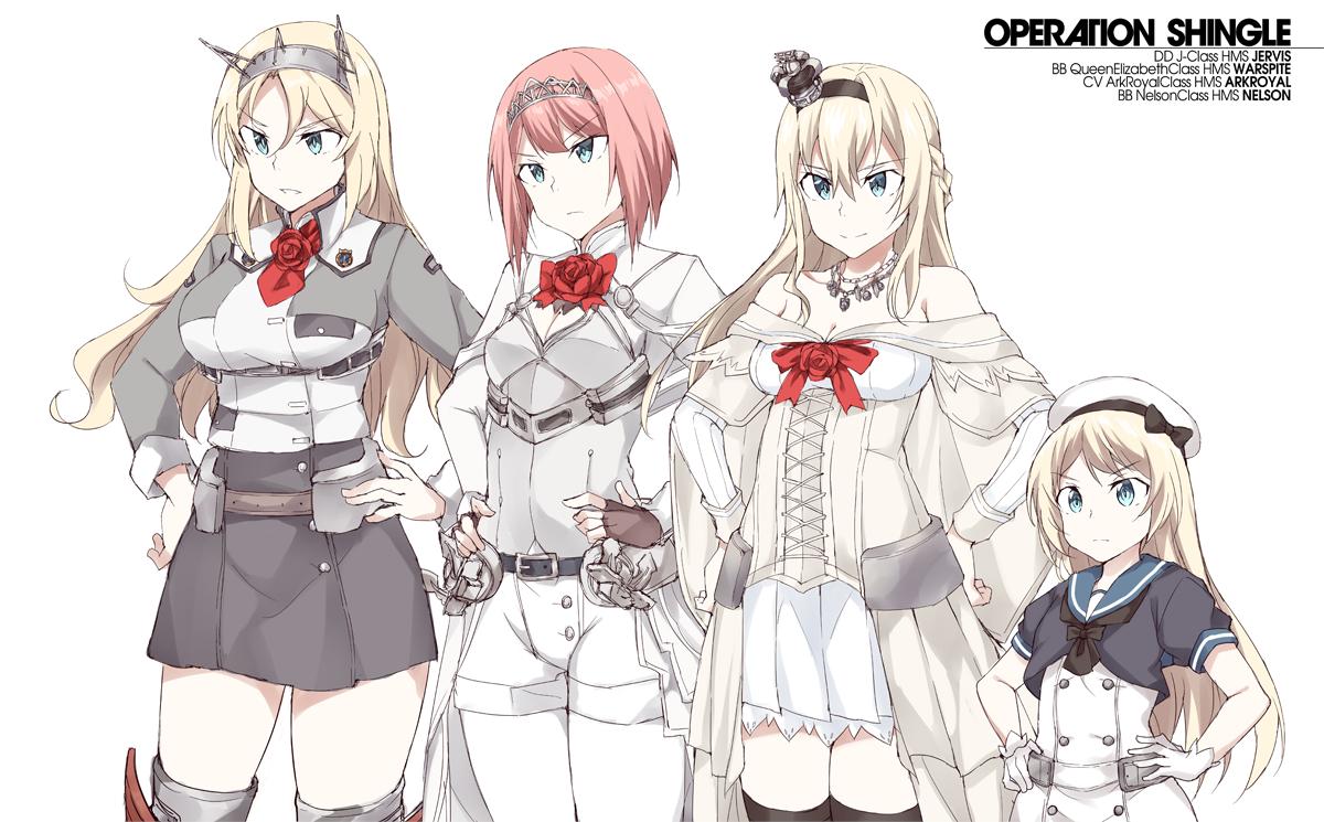 ark royal (kancolle) ,jervis (kancolle) ,nelson (kancolle) ,warspite (kancolle) 4girls multiple girls gloves blonde hair long hair sailor dress dress  illustration images