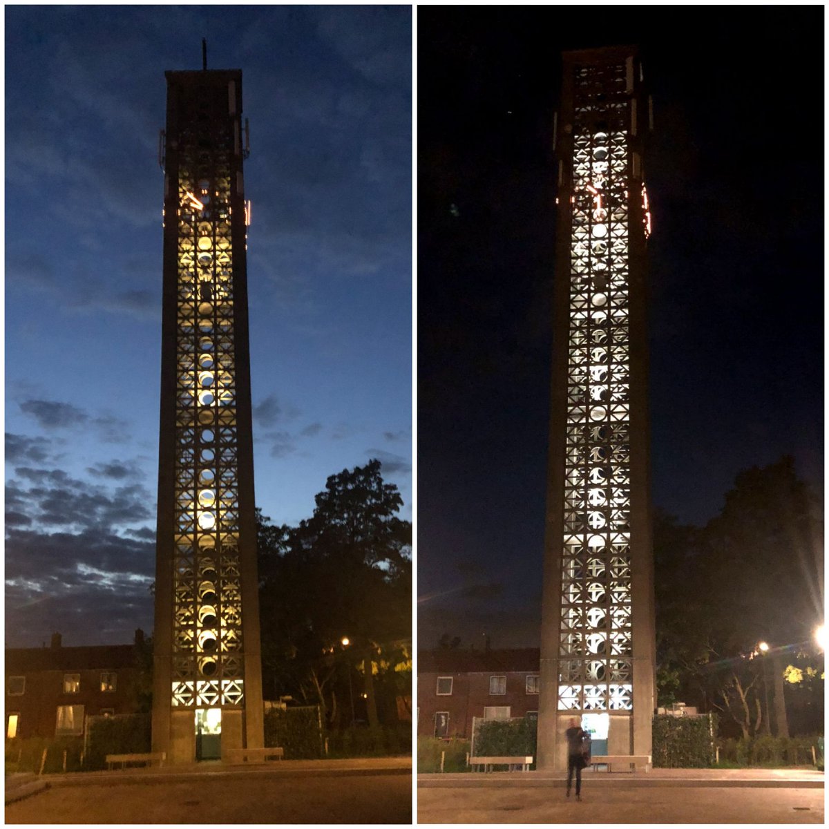 Bijzondere #ruimtelijkekwaliteit: de verlichting van de markante open toren van de St. Stephanuskerk in #Moerdijk. 
De monumentencommissie en aannemer zijn in de toren geklommen om de verlichting ter plekke mooi te spreiden. Zie foto's voor en na. #omgevingskwaliteit