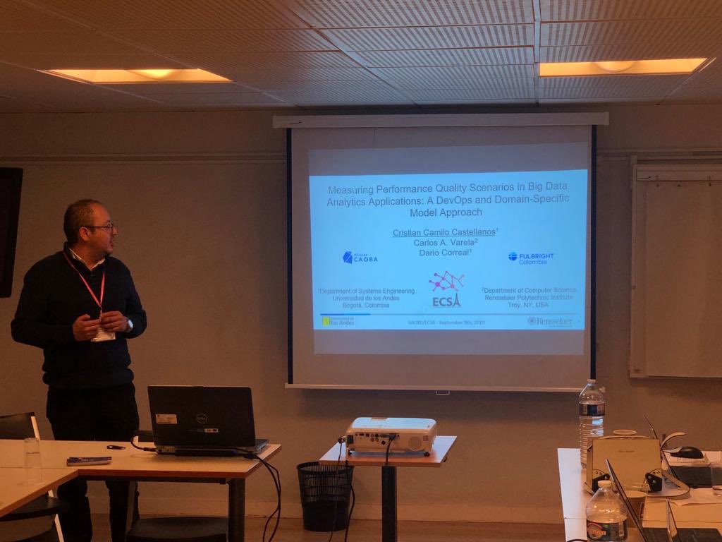 ECSACONF's tweet photo. Paper presentation on "Measuring Performance Quality Scenarios in Big Data Analytics Applications: A DevOps and Domain-Specific Model Approach" by Camilo Castellanos #SACBD #ECSA19 https://t.co/Zr32Kcilz6