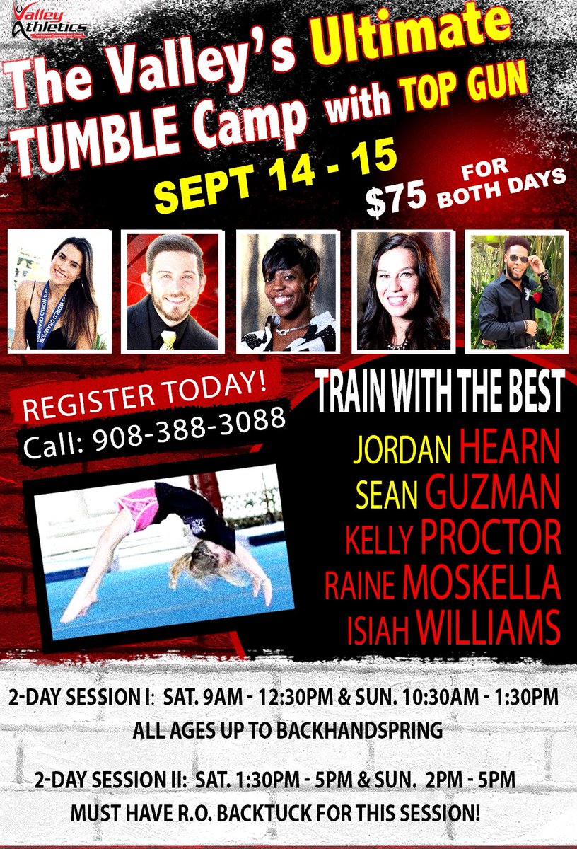 Join us for Tumble Camp this weekend! Open to all ages and levels! Call 908-388-3088 to register!