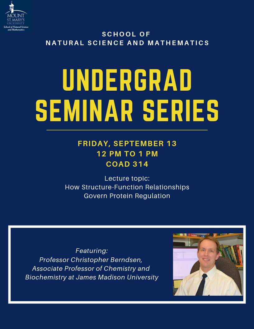 MSMUSciMath's tweet photo. This Friday, Professor Christopher Berndsen, Associate Professor of Chemistry and Biochemistry from @JMU @JMUCSM, will be speaking at the Undergraduate Student Seminar! The event begins at Noon in COAD room 314.
#MountSNSM #MountScience #MountUGSS https://t.co/235IPiaNQV