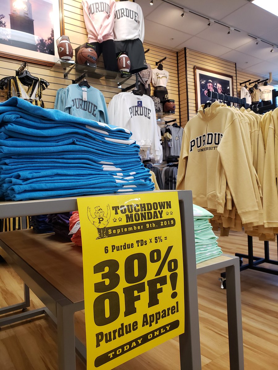 PurdueBookstore's tweet photo. It's #TouchdownMonday at UBS!
30% off ALL full price Purdue apparel in stores only!

*Harry's apparel is not eligible for TDM discounts* https://t.co/QMYMYx76Ul