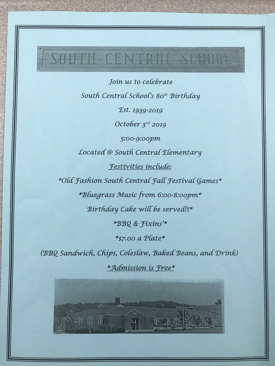 It’s Time to Celebrate South Centrals 80th Birthday! October 3rd from 5-9 pm. See attached flyer for details! Free Admission! Live Bluegrass from 6-8, old fashion festival games and BBQ!