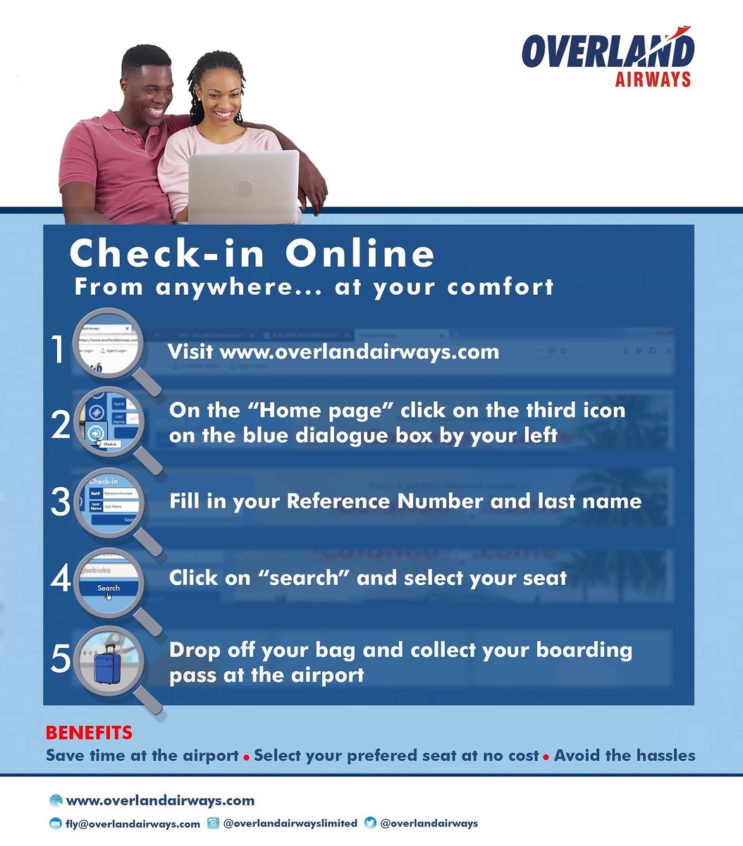 OverlandAirways's tweet image. Do you know checking in Online also provides you the opportunity to choose your preferred seat? Check-in Online today at overlandairways.com
#OverlandAirways #CheckIn #OnlineCheckIn #ChooseASeat #PreferredSeat
