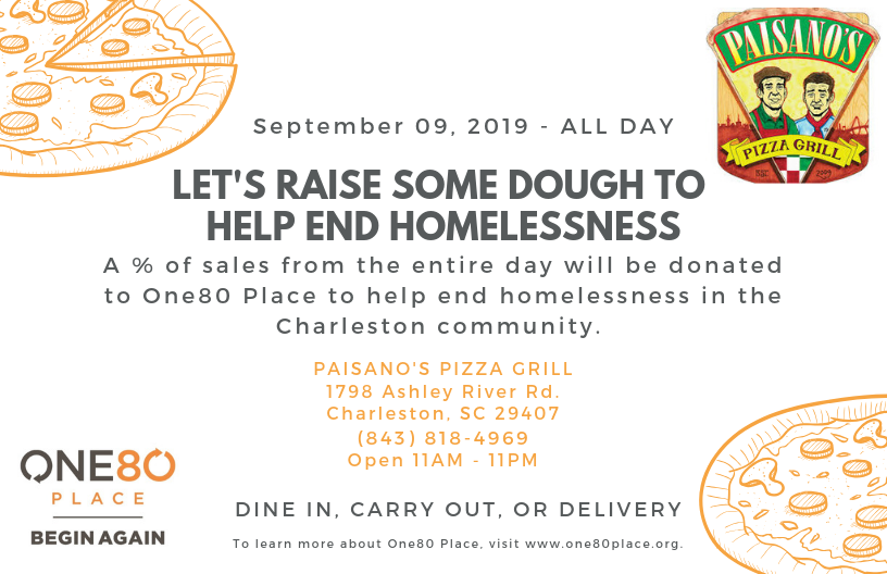 One80Place's tweet photo. Trying to decide on dinner tonight? Head to @PaisanosPizzaSC in West Ashley for a great meal that supports a great cause! From 11 AM - 11 PM today, Paisano’s is donating a % of all sales to One80 Place. Help raise some dough to help end homelessness! #turninglivesaround #chsnews https://t.co/fn1n59ti49