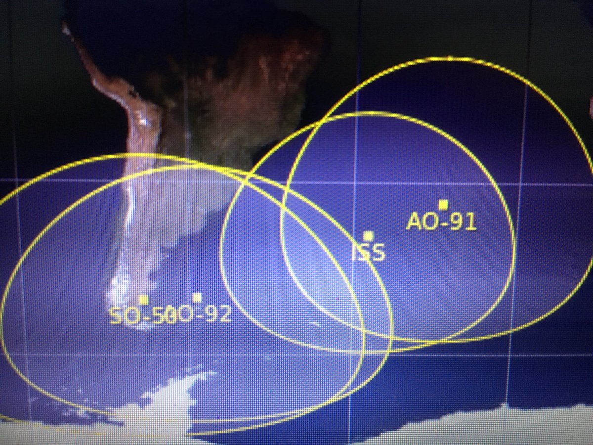w0ap1's tweet image. Three satellites plus ISS all overlapping this morning in the south Atlantic. If the center happened over you, which one would you work?