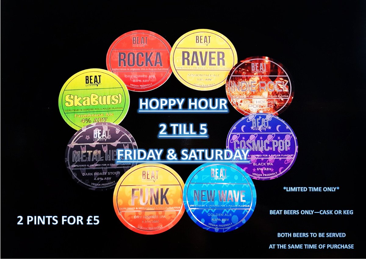 Starting this weekend!!! Hoppy Hour in the taphouse 2 till 5, Friday &amp; Saturday. 2 pints of lovely Beat beer for just £5 😍🍻🍻🍻🍻 #happyhour #weekendbeers #craftbeer #taphouse