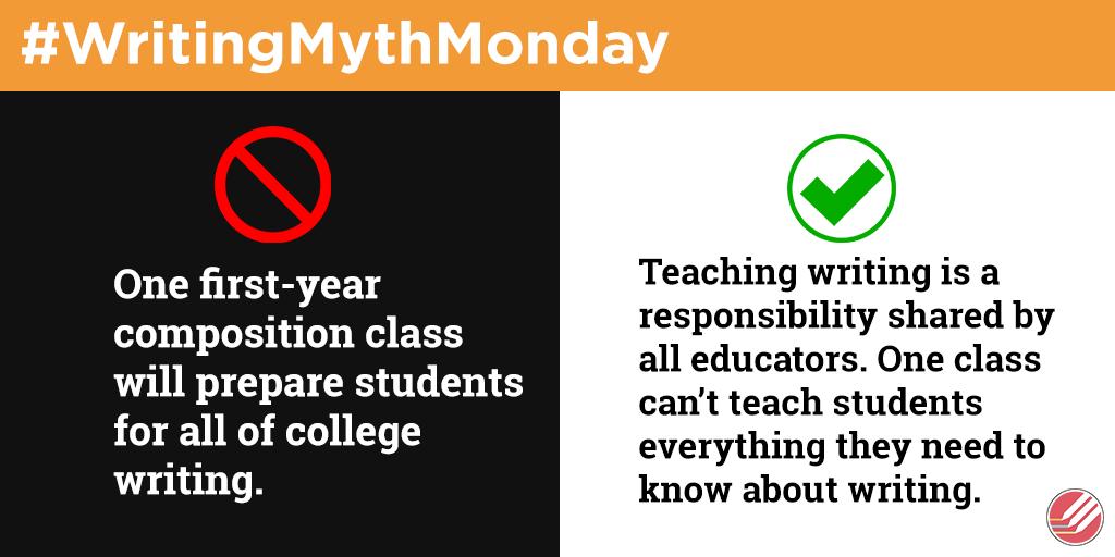 HCWEMiami's tweet photo. Today's #WritingMythMonday is often referred to as the "inoculation" myth around the HCWE! Research says that students need more than one class (in fact, even experienced writers need time and practice!) to learn how to write well in college. Have you ever fallen for this myth? https://t.co/vfjDbemZsP