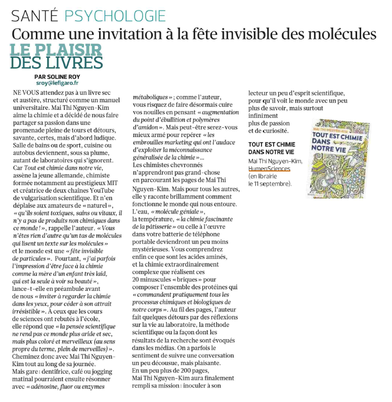 AmandineDumasT's tweet photo. Bientôt en librairie et déjà dans le @Le_Figaro , recommandé par @so_sroy : Tout est chimie dans notre vie de Mai Thi Nguyen-Kim, une "invitation à la fête invisible des molécules". @humensciences https://t.co/RreriUneg1